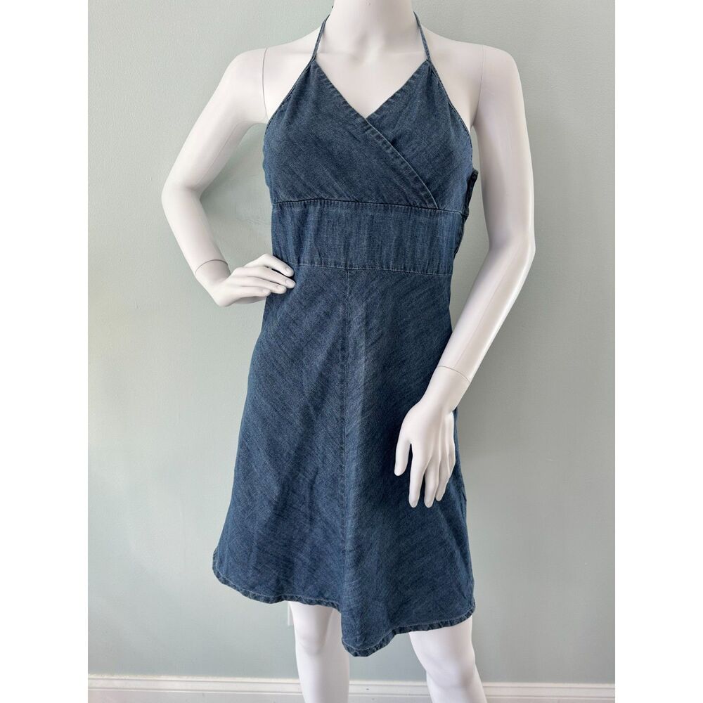 Vintage Y2k Denim Halter Mini Dress Backless 2000s Jean Sundress size Small